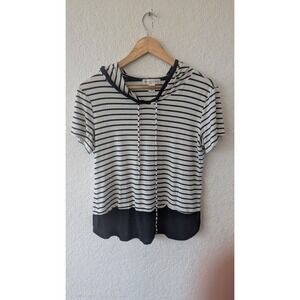 Christopher & Banks Striped Hoodie Top Short Sleeve Women Size M